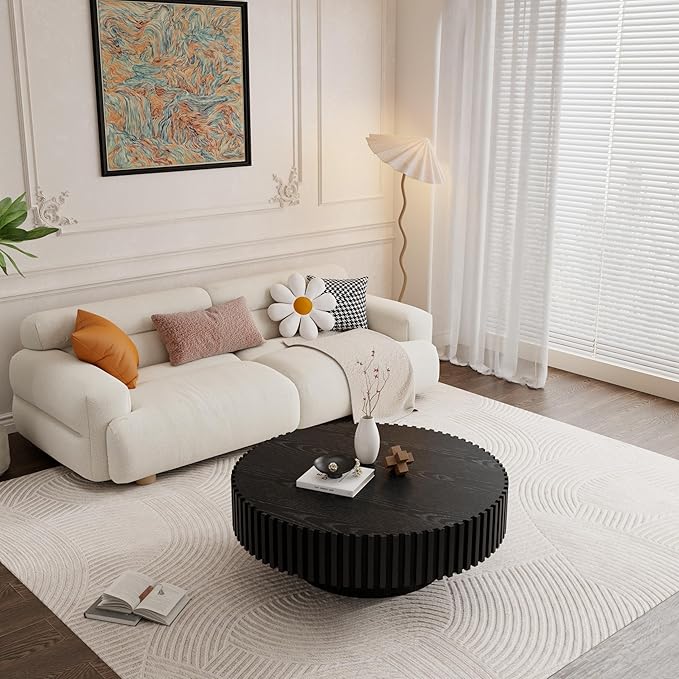 39.4" Black Round Coffee Table Wood, Modern Drum Fluted Coffee Table for Living Room, Contemporary Low Circle Center Table Side Table for Apartment, Farmhouse, Office, mesa de Cafe