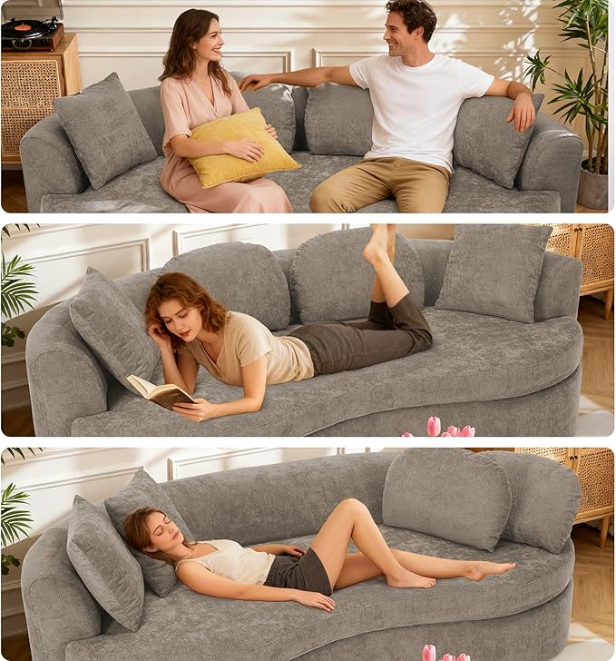 95” Modern Curved Sofa, Chenille Fabric Comfy Cloud Couch, No Assembly Required Half Moon Couch with Deep Seat, 4 Pillows for Living Room, Apartment, Bedroom