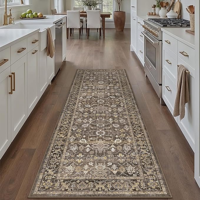 2x6 Brown Washable Vintage Runner Rug for Living Room Soft Floral Non Slip Runner Area Rug Modern Low Pile Stain Resistance Carpet Doormat Hallway Kitchen Stair Bedroom Bathroom