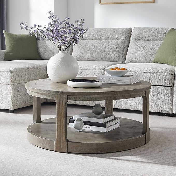 WILLIAMSPACE 40" Round Coffee Table with Wheels, Circle 2 Tier Solid Wood Center Coffee Table, Mid Century Retro Farmhouse Rounded End Table for Living Room Apartment, ø40 x 17.52" H (Light Brown)