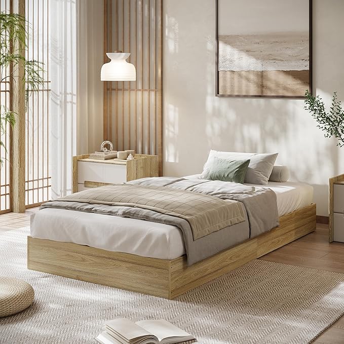 Wood Platform Bed with Sturdy Wooden Slats, Twin Size Floor-Standing Bed Frame, Modern Minimalist Design Space-Saving Bed Frame, No Box Spring Needed, Easy Assembly