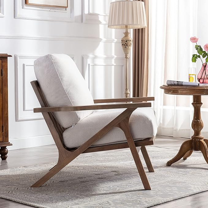 chairus Mid-Century Modern White Linen Accent Chair, Comfy Upholstered Lounge Armchair with Removable Cushions & Solid Wood Frame, Fabric Reading Chair for Living Room Bedroom Office