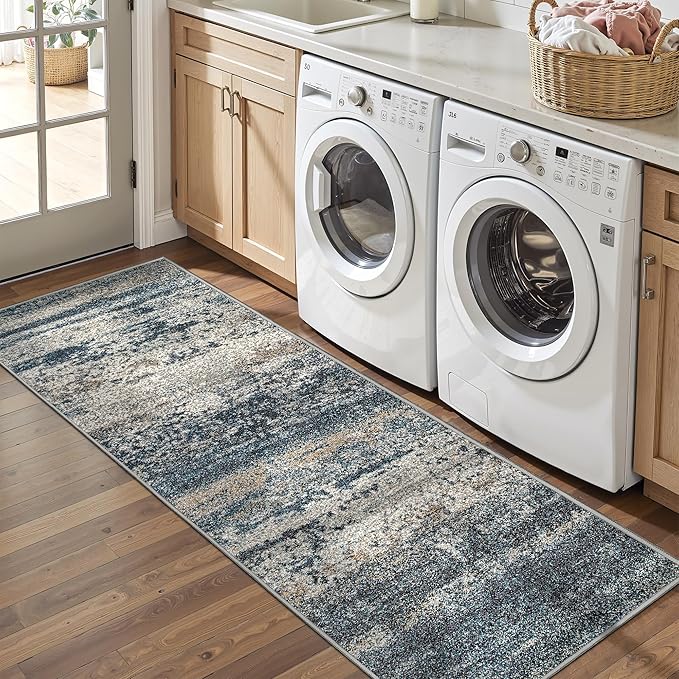 Art&Tuft Runner Rug 2'6"x8' - Anti-Slip Backing Abstract Hallway Rug, Stain Resistant Kitchen Rugs, Foldable Machine Washable Area Rug(2'6"x8', Navy)