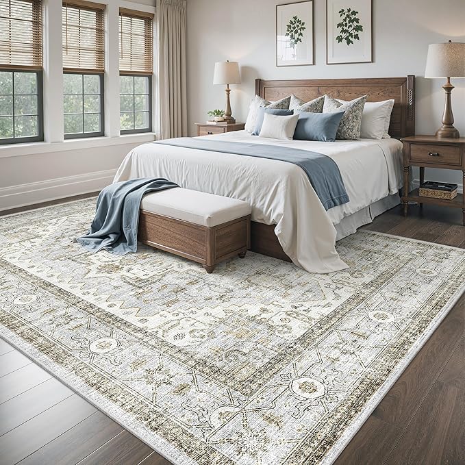 befbee Washable Rugs 10x14 Area Rugs for Living Room,Rugs for Bedroom,Ultra Soft Living Room Bedroom Large Carpe,Low Pile Vintage Print Rug for Home Office Decor (10'x 14',Blue＆Beige)