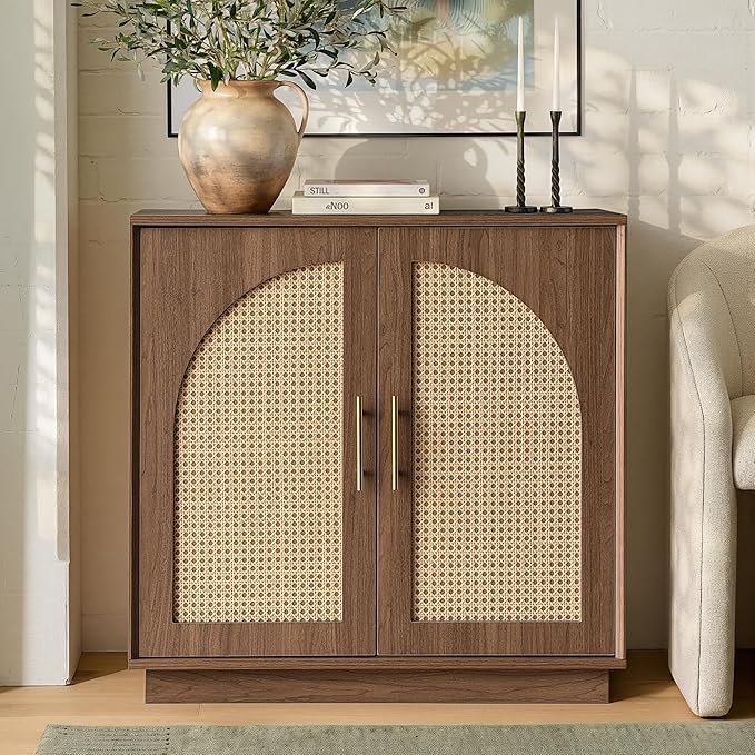 FORTUNETEC Sideboard Buffet Cabinet with Storage, 31.5" Modern Accent Cabinet with Rattan Arched Doors, Modular Media Console, Boho Credenza for Living Room Kitchen Dining Room Entryway, Walnut
