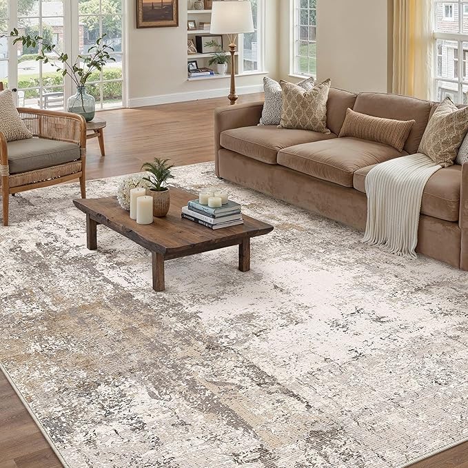 5x7 Washable Area Rug Brown Grey Abstract Non Slip Soft Low Pile Rug for Living Room Bedroom Dining Room Office Neutral Modern Indoor Throw Carpet for Home Decor