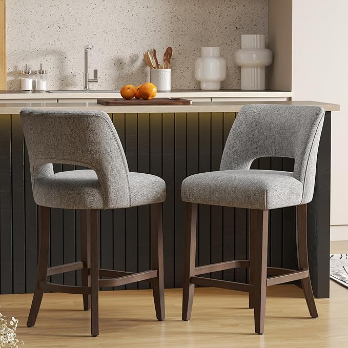 VKNOW Bar Stools Set of 2, 26" Upholstered Counter Height Bar Stools,Modern Counter Stools with Wood Legs for Kitchen Island Dining Room Bar,Grey