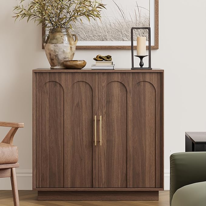 FORTUNETEC Sideboard Buffet Cabinet with Storage, Mid Century Modern Accent Cabinet with Arched Doors, Modular Media Console, Minimalist Credenza for Living Room Kitchen Dining Room Entryway, Walnut