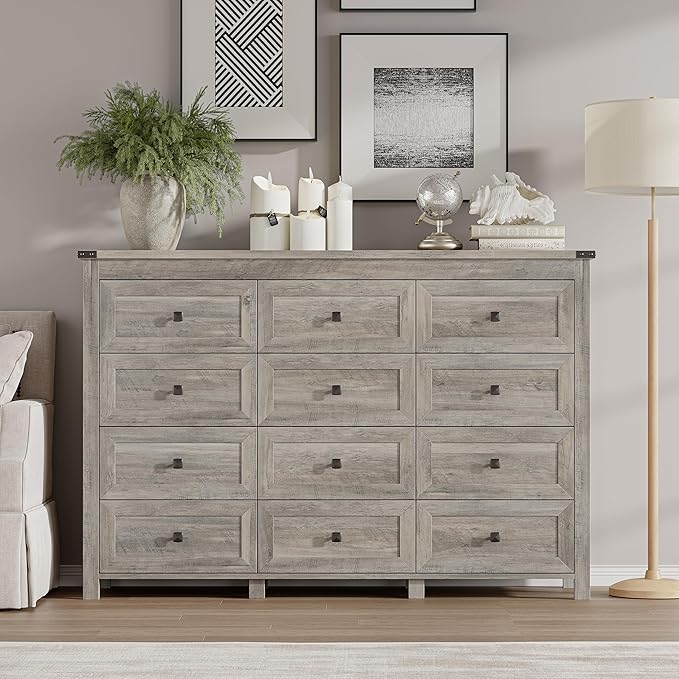 BORNOON 12-Drawer Dresser, Modern Wooden Storage Chest of Drawers, Dresser TV Stand, Wood Drawer Organizer with Metal Handles for Bedroom, Living Room, Hallway
