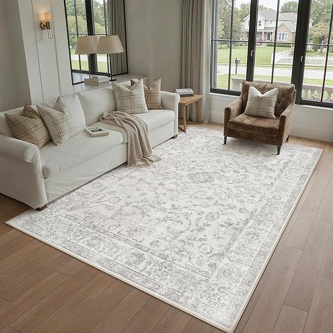 5x7 Grey Washable Area Rug for Living Room Bedroom Neutral Soft Floral Non Slip Large Throw Rug Lightweight Vintage Low Pile Distressed Carpet Office Playroom Dining Room Home Decor