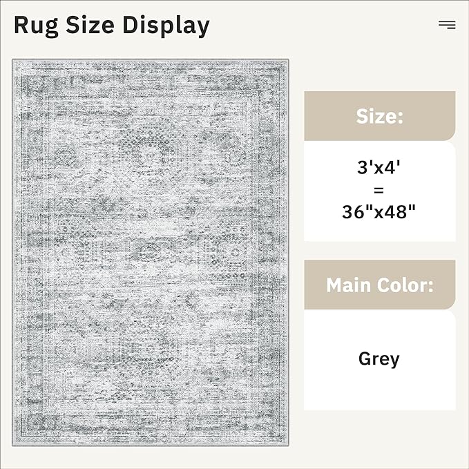 Soalmost 3x4 Rug, Small Area Rug for Kitchen, Entryway, Machine Washable Non-Slip Throw Rug, Vintage Carpet for Nursery Coffee Table Grey