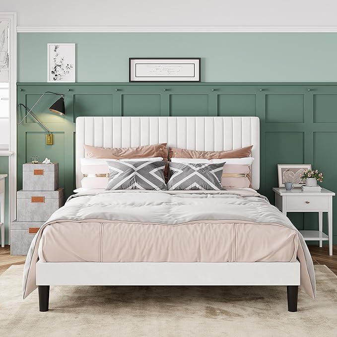 Allewie Queen Bed Frame, Velvet Upholstered Platform Bed with Adjustable Vertical Channel Tufted Headboard, Mattress Foundation with Strong Wooden Slats, Box Spring Optional, Easy Assembly, Off-White