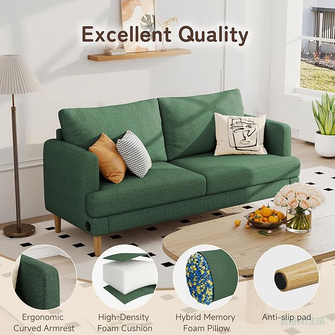 70" Modern Loveseat Sofa with USB Type-C Ports, Linen Fabric 2-Seater Deep Seat Couch, Cozy Small Couch Sofa for Living Room Bedroom Office Apartment (Green)