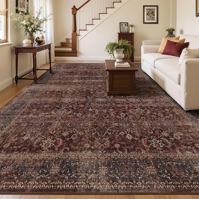 Brick Red Area Rugs 9x12 Living Room, Vintage Distressed Rustic Washable Rugs for Bedroom Non Slip, Low Pile Thin Large Carpet Rug for Dining Room Stain-Resistant, Earth Tone Brick Color