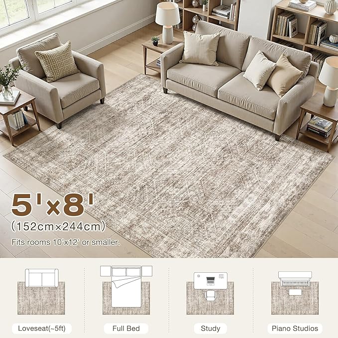 cotiled Large Area Rugs for Living Room 5x8, Machine Washable Rugs with Non Slip Backing Modern Neutral Abstract Rugs Stain Resistant Distressed Carpets for Home Office Decor (5x8 Dark Brown)