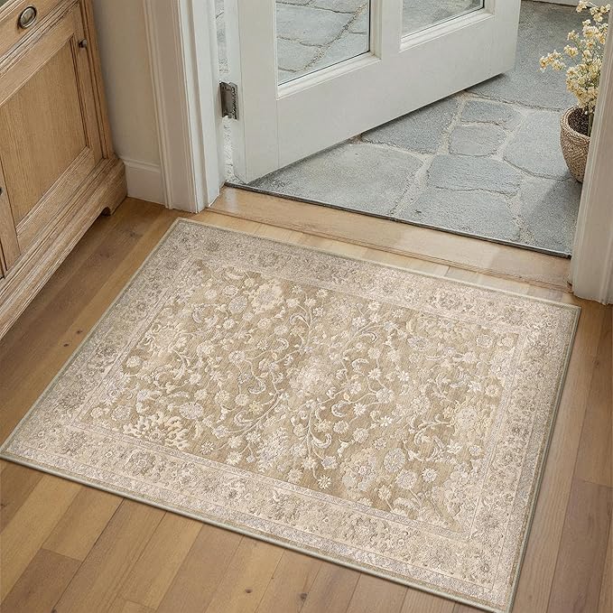2x3 Taupe Washable Area Rug for Living Room Bedroom Neutral Soft Floral Non Slip Thin Throw Rug Lightweight Vintage Low Pile Distressed Doormat Entrance Laundry Room Office Bathroom