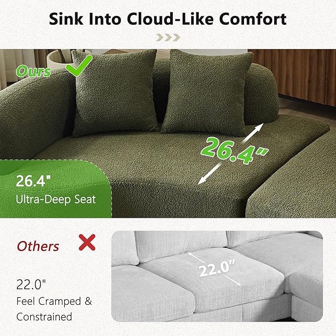 106.7" Modern Curved Oversized Sectional Sofa, Minimalist Modular Cloud Couch with 4 Throw Pillows, Luxury 4-Seater Extra Deep & Wide Seat Sofa in Soft Teddy Fabric, Olive Green