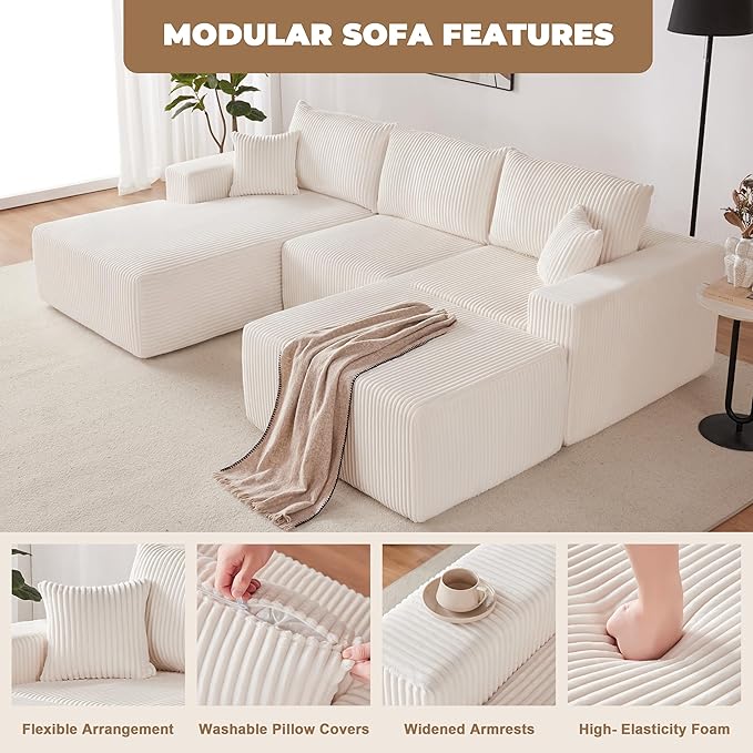 Weture 108” Modular Sectional Couches, Modern Modular U-Shape Sofa with Chaise, Cloud Sectional Couch with Deep Seat, Upholstered Boneless Sofa for Living Room (Corduroy, Beige)