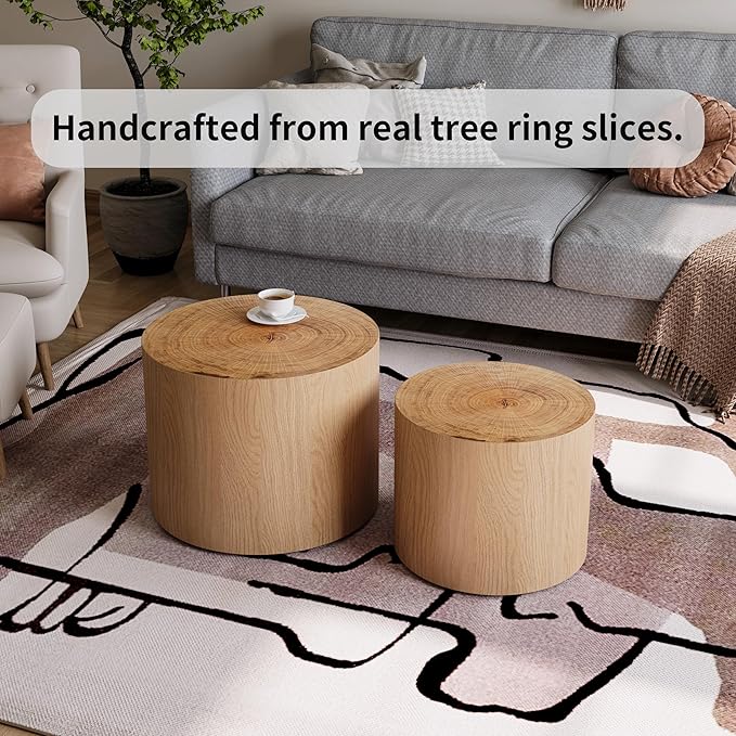 WILLIAMSPACE 18.9" Round Nesting Coffee Table Set of 2, Modern Wooden Coffee Tables Small Circle Center Table for Living Room, Accent End Table Set, No Assembling (Natural Wood)