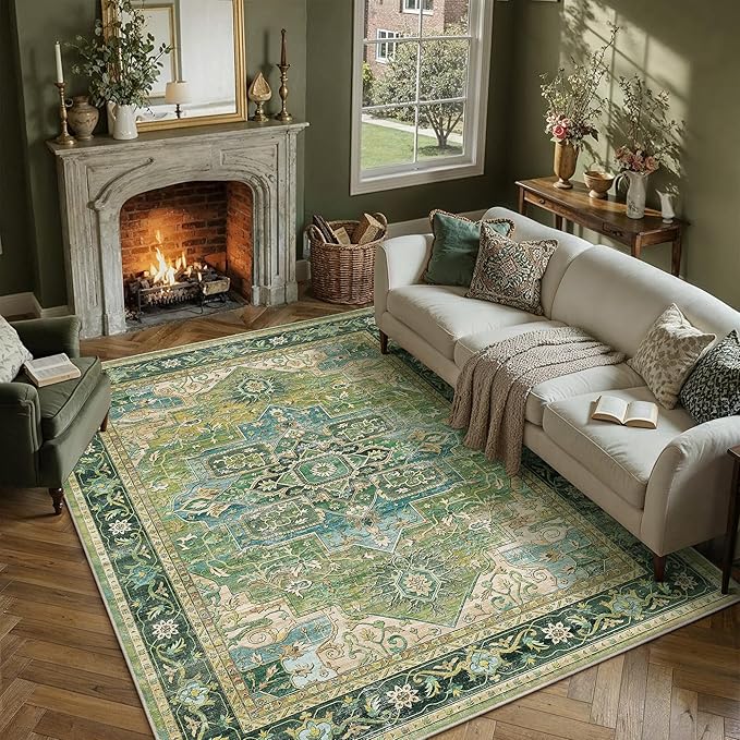 8x10 Washable Vintage Area Rug Green Oriental Living Room Bedroom Throw Rug Neutral Non Slip Soft Low Pile Carpet for Dining Room Office Nursery Indoor