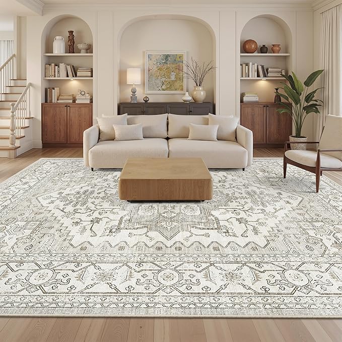 Area Rugs for Living Room - 9x12, Boho Non-Slip Low Pile Carpet Machine Washable Rugs for Bedroom, Farmhouse, Office, Dining Room (Beige)
