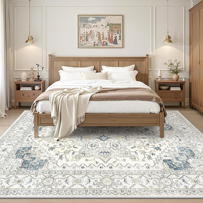 Living Room 10x14 Area Rugs, Washable Area Rug Stain Resistant Carpet Vintage Soft Rugs for Bedroom with Non Slip Backing Indoor Home Decor (10'x 14',BeigeBlue)