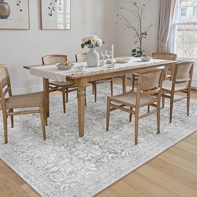 PureCozy Gray 5x7 Area Rug Washable Vintage Living Room Bedroom Carpet Indoor Non Slip Soft Low Pile Thin Rug Retro Accent Throw Office Dining Room