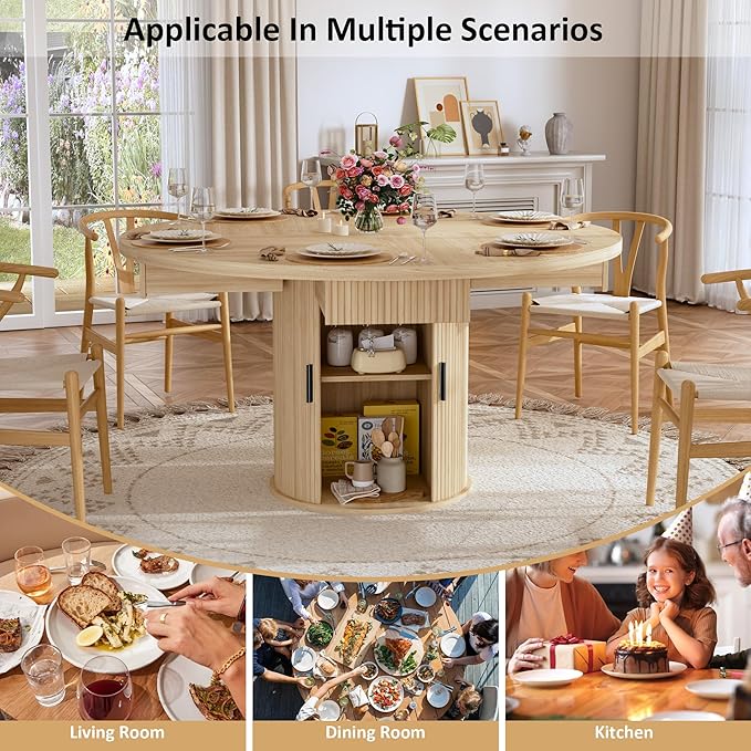 HUAHUU 47.2" Round Dining Table for 4-6, Modern Kitchen Table with 4 Drawers and 2-Tier Storage Shelf, Wooden Circle Dining Tables with Fluted Base & Sliding Door for Home Kitchen Living Room, Natural