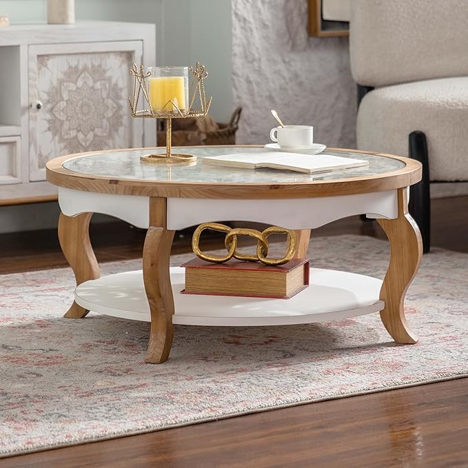WILLIAMSPACE 31.5" Round Coffee Table with Open Storage, Farmhouse Solid Wood Circle Center Table with Tempered Glass Top 2-Tier Tea Table for Living Room, Easy Assembly (White & Natural Wood Finish)
