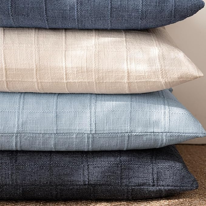 Foindtower Set of 2 Decorative Linen Check Throw Pillow Covers Neutral Farmhouse Lumbar Cushion Covers Modern Boho Accent Home Decor for Sofa Chair Couch Bedroom Living Room,12×20 Inch,Sky Blue