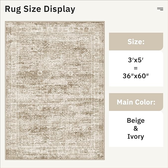 Soalmost 3x5 Rug, Small Area for Kitchen, Entryway, Machine Washable Non-Slip Throw Rug, Vintage Carpet for Nursery Coffee Table Brown