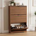 Shoe Cabinet Storage for Entryway with 3 Flip Drawers, Walnut Fluted Shoe Cabinet with Adjustable Shelves, Wooden Hidden Shoe Rack Freestanding Narrow Slim Shoes Storage for Hallway, Entrance