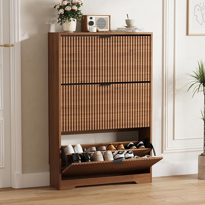Shoe Cabinet Storage for Entryway with 3 Flip Drawers, Walnut Fluted Shoe Cabinet with Adjustable Shelves, Wooden Hidden Shoe Rack Freestanding Narrow Slim Shoes Storage for Hallway, Entrance