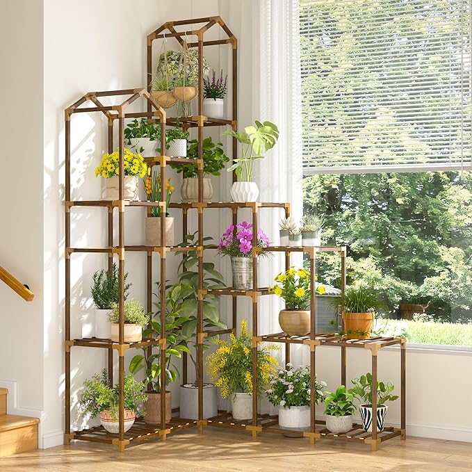 EnHomee 73.6" H Plant Stand Indoor Outdoor Tall Plant Shelf for 17-23 Pots Corner Tiered Plant Stands for Multiple Plants Wood Hanging Plants Holder for Garden Balcony Patio Window Porch