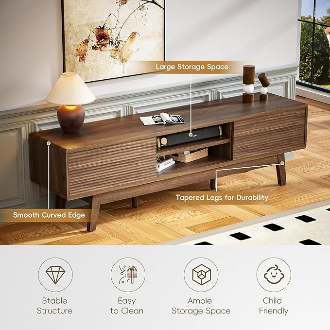 MU 59 Inch TV Stand for TVs up to 65 Inch, Mid Century Modern TV Console with Fluted Sliding Doors & Shelves, Low Profile Entertainment Center for Bedroom, Living Room (Walnut, 59")