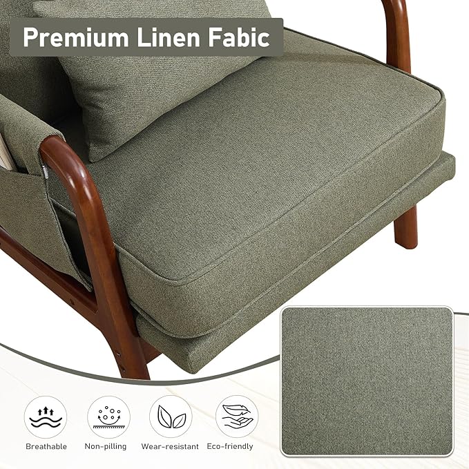 ANJ Mid Century Modern Accent Chair, Lounge Reading Armchair with Extra Side Pocket & Detachable Cushion, Comfy Fabric Accent Chairs for Living Room, Bedroom,Green