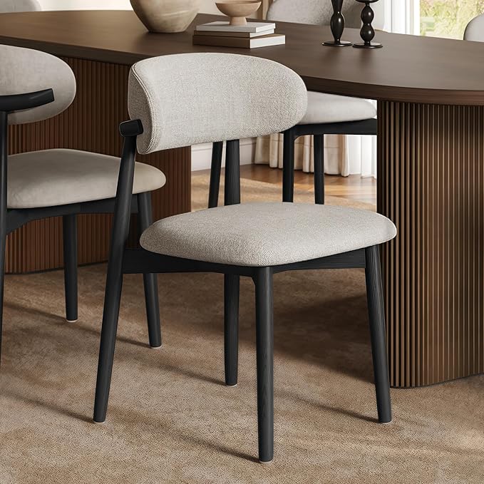 Modern Solid Wood Dining Chairs Set of 2 with Curved Back, Ergonomic Upholstered Seat, Natural Wood Legs with Adjustable Anti-Slip Foot Pad, for Kitchens, Living Rooms, Offices (S-Black, Set of 2)