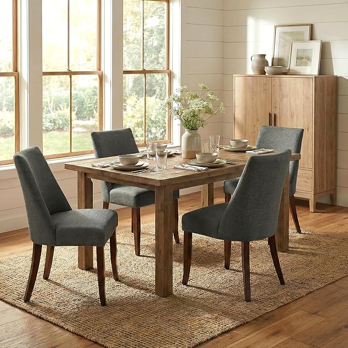 Wooden Dining Chairs Set of 4, Upholstered Farmhouse Fabric Dining Room Chair, Mid Century Kitchen Chair for Restaurant & Cafe, Dark Grey