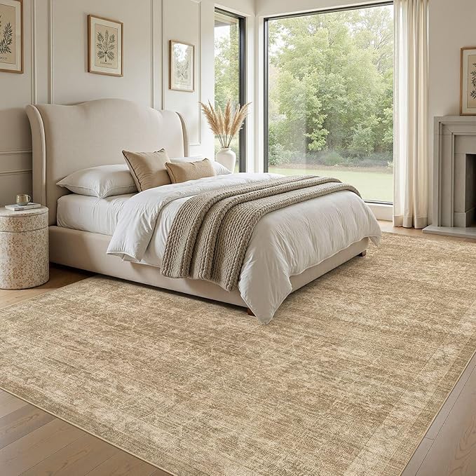 Nakagishi 6x9 Area Rugs Living Room: Washable Large Vintage Rug Neutral Non-Slip Soft Stain Resistant Indoor Carpet for Bedroom Nursery Dining Room Office Playroom - Dark Bown