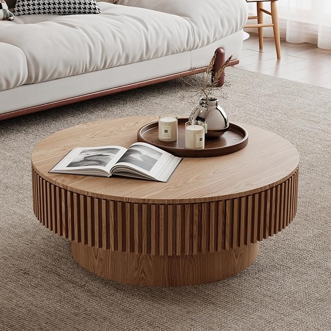 Round Coffee Table with Storage, Modern Handcraft Drum Coffee Table Wood Circle Center Table for Living Room Apartment, 31.49" Oak