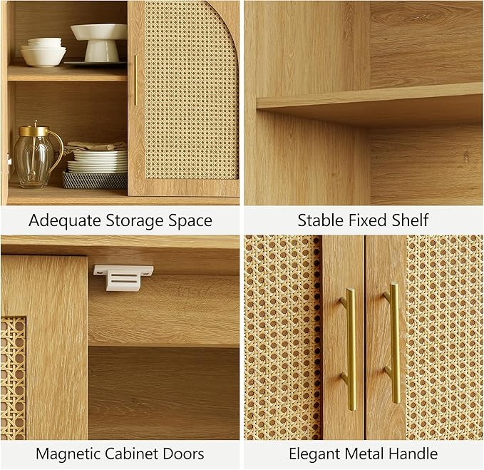 FORTUNETEC Sideboard Buffet Cabinet with Storage Set of 2, Modern Accent Cabinet with Rattan Arched Doors, Modular Media Console, Boho Credenza for Living Room Kitchen Dining Room Entryway, Oak