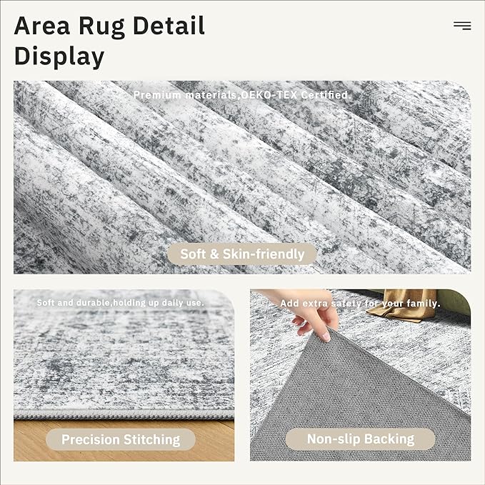 Soalmost 5x7 Area Rugs Gray Low Pile Indoor Washable Trendy Faded Style Rugs for Bedroom Living Room Dining Room Foldable Non-Slip Thin Grey Print Mat