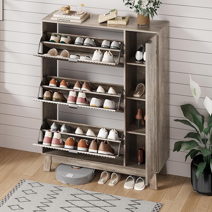 Shoe Cabinet Storage for Entryway with 3 Flip Drawers & Side Cabinet, Fluted Narrow Shoe Organizer with Wooden Leg, Freestanding Shoe Storage Hidden Shoe Rack Organizer for Front Door Entrance, Grey