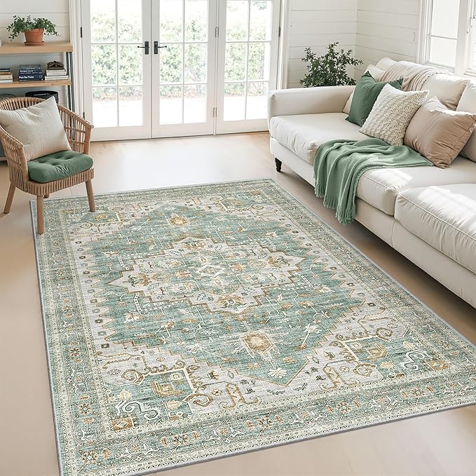 Area Rugs for Living Room - 3x5, Boho Non-Slip Low Pile Carpet Machine Washable Rugs for Bedroom, Farmhouse, Office, Dining Room (Green)