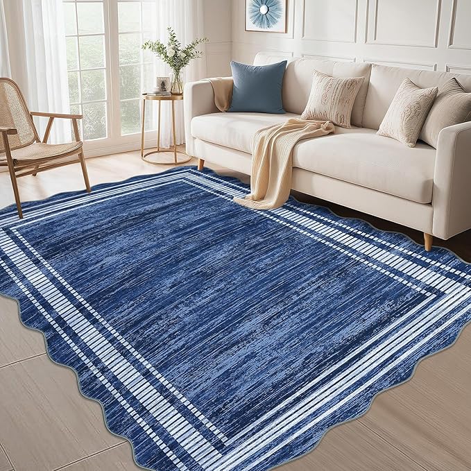 Garvee Scalloped Modern Abstract Area Rug 9x12 Large Washable Rug for Living Room, Non-Slip Soft Carpet for Bedroom, Scalloped Low-Pile Solid Print Rug for Dining Room Home Office, Navy Blue