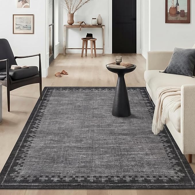 GarveeHome Neutral Area Rug 4x6 Geometric Bordered Washable Living Room Bedroom Grey Carpet Non Slip Stain Resistant Low Pile Indoor Rugs for Home Office Dining Room Kitchen, Grey