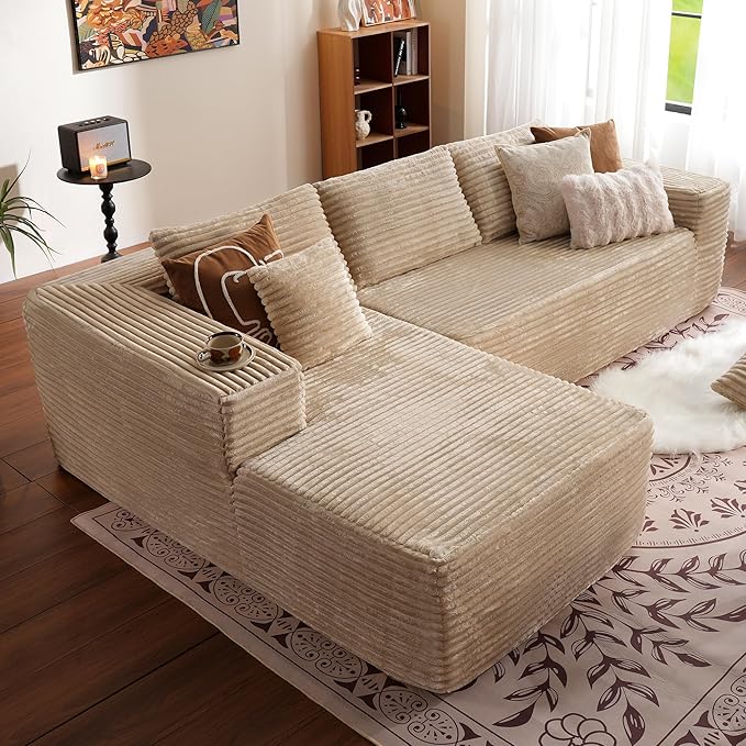 ovios 104" Cloud Boneless Couch with L-Shape Chaise,Modern Sectional Modular Sofa with Deep Seat, Upholstered Couches for Living Room Bedroom,No Assembly Required, Beige (Plush Corduroy Fabric)