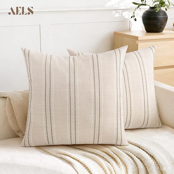 AELS 22x22 Decorative Farmhouse Linen Throw Pillow Covers, Boho Textured Pillow Case, Set of 2, Beige with White & Brown Stitch Yarn Dyed Stripe Cushion Cover for Sofa Couch Living Room (Cover ONLY)