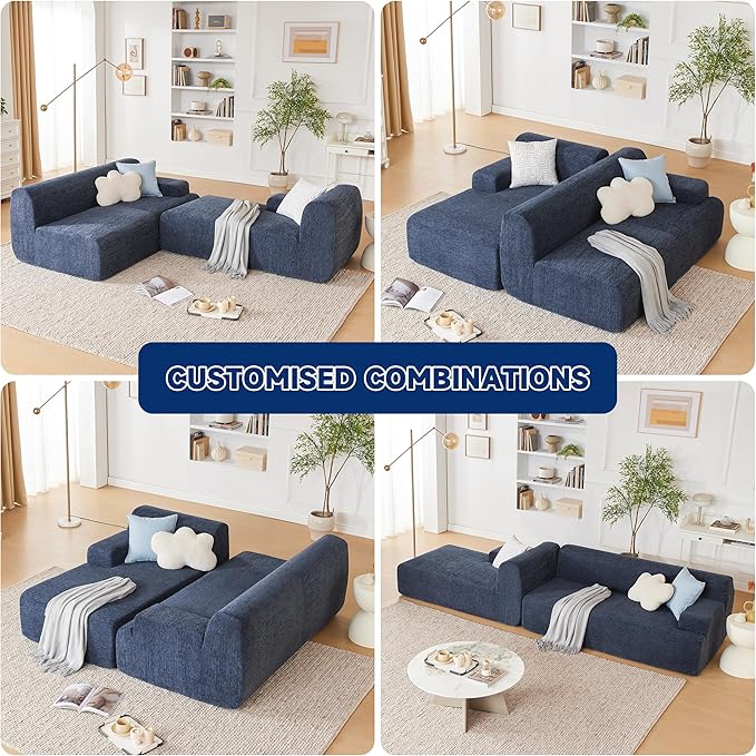 Weture 107" Modular Sectional Cloud Couch, Boneless couches Sponge sectionals for Living Room, High Density Sponges Sofa, Modular L-Shape with Chaise, Blue