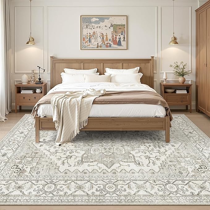 Living Room 10x14 Area Rugs, Washable Area Rug Stain Resistant Carpet Vintage Soft Rugs for Bedroom with Non Slip Backing Indoor Home Decor (10'x 14',Beige)